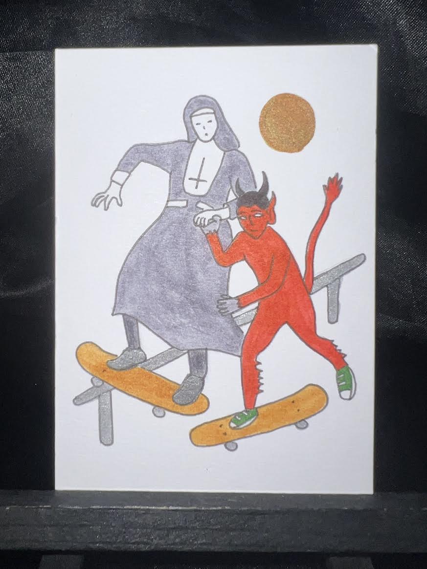 Original ACEO Devil Nun Ink Line Art Medium Marker on Paper Signed Artist